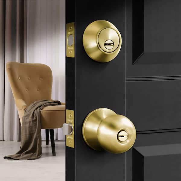 High Security Brass Combo Lock Set with Keyed-Alike Door Knob and Deadbolt (4-Pack)