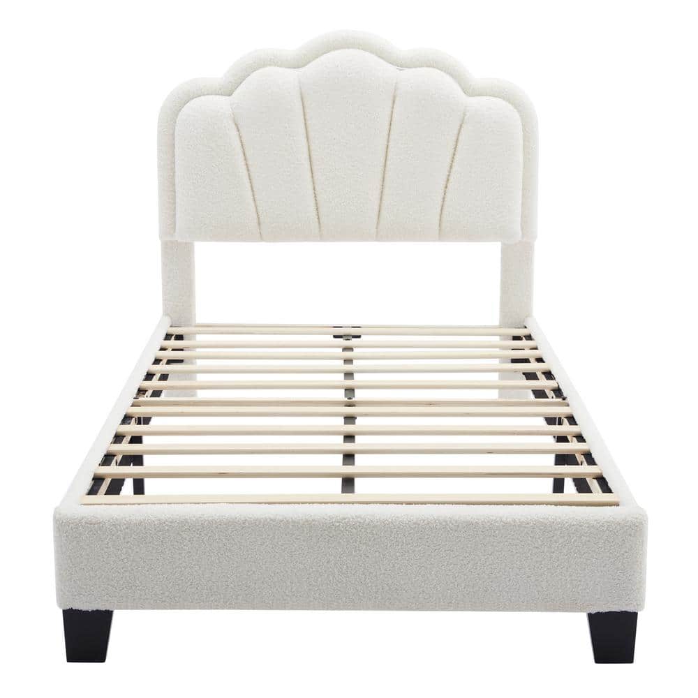White Sherpa Fabric Upholstered Twin Platform Bed with LED Flower Headboard