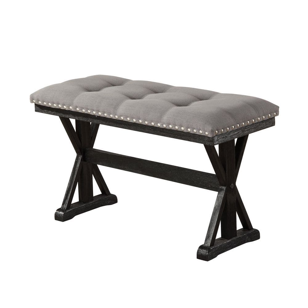 Gray Linen Upholstered Counterheight Bench with Black Base