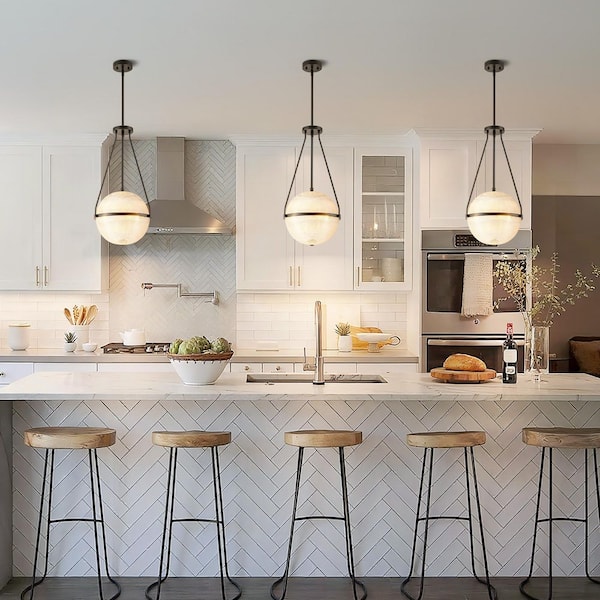 Apsel 3-Light 13.78 in. W Black Mid-Century Modern Grid Glass Globe Bubble Pendant Light Textured Glass Ceiling Light