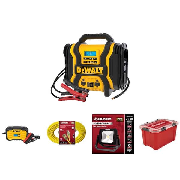 Professional Battery Care Jump Starter with 100 ft. Cord 20-Gal. Red Container and LED Work Light Combo 5-Piece