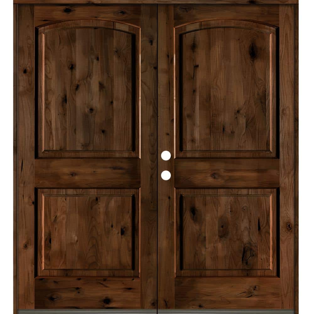 Krosswood Doors 64 in. x 80 in. Rustic Knotty Alder 2-Panel Arch Top  Provincial Stain Right-Hand Wood Double Prehung Front Door 