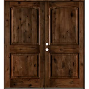 64 in. x 80 in. Rustic Knotty Alder 2-Panel Arch Top Provincial Stain Right-Hand Wood Double Prehung Front Door