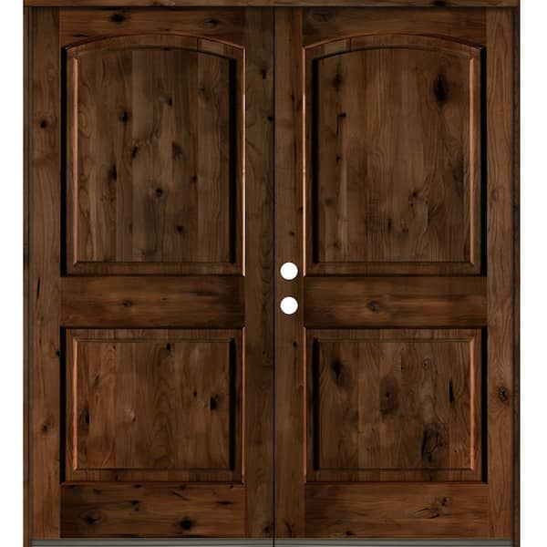 Krosswood Doors 72 in. x 80 in. Rustic Knotty Alder 2-Panel Arch Top Provincial Stain Right-Hand Wood Double Prehung Front Door