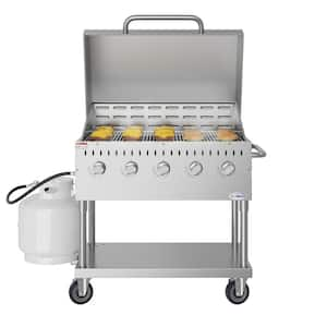 Portable Commercial Outdoor Propane Grill 36 in. with Roll Dome Cover in Stainless Steel