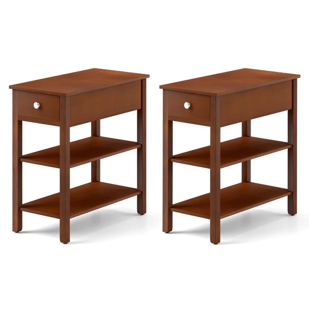 Set of 2 Three-Tier Narrow End Tables with Drawer and 2 Storage Shelves