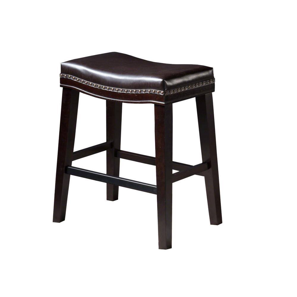 Brown Wood Saddle Counter Stools with Dark Brown Upholstered Seat, Set of 2