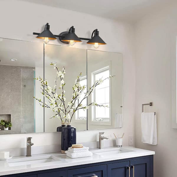 Hukoro Westworld 28 in. 3-Light Vanity Light with Matte Black finish with gold painting inside