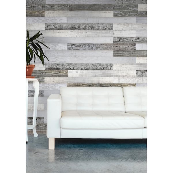 Unbranded Thermo-treated 1/4 in. x 5 in. x 4 ft. Grey Washed Holey Wood Wall Planks 30 sq. ft. Per Pack