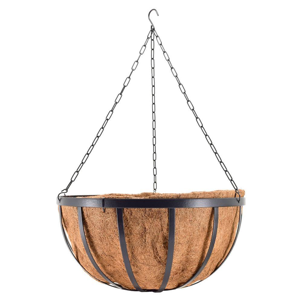 Large Black Metal Round Hanging Basket Planter with Coconut Liner