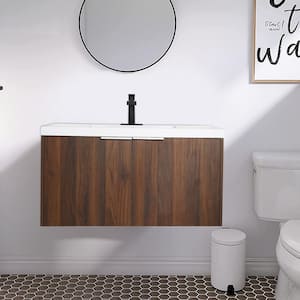 FLOATING 36 in. Wx 18 in. Dx 19 in. H Wall Mount Bath Vanity in Walnut with Concealed Handle White Single Sink Resin Top