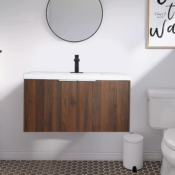 FLOATING 36 in. Wx 18 in. Dx 19 in. H Wall Mount Bath Vanity in Walnut with Concealed Handle White Single Sink Resin Top