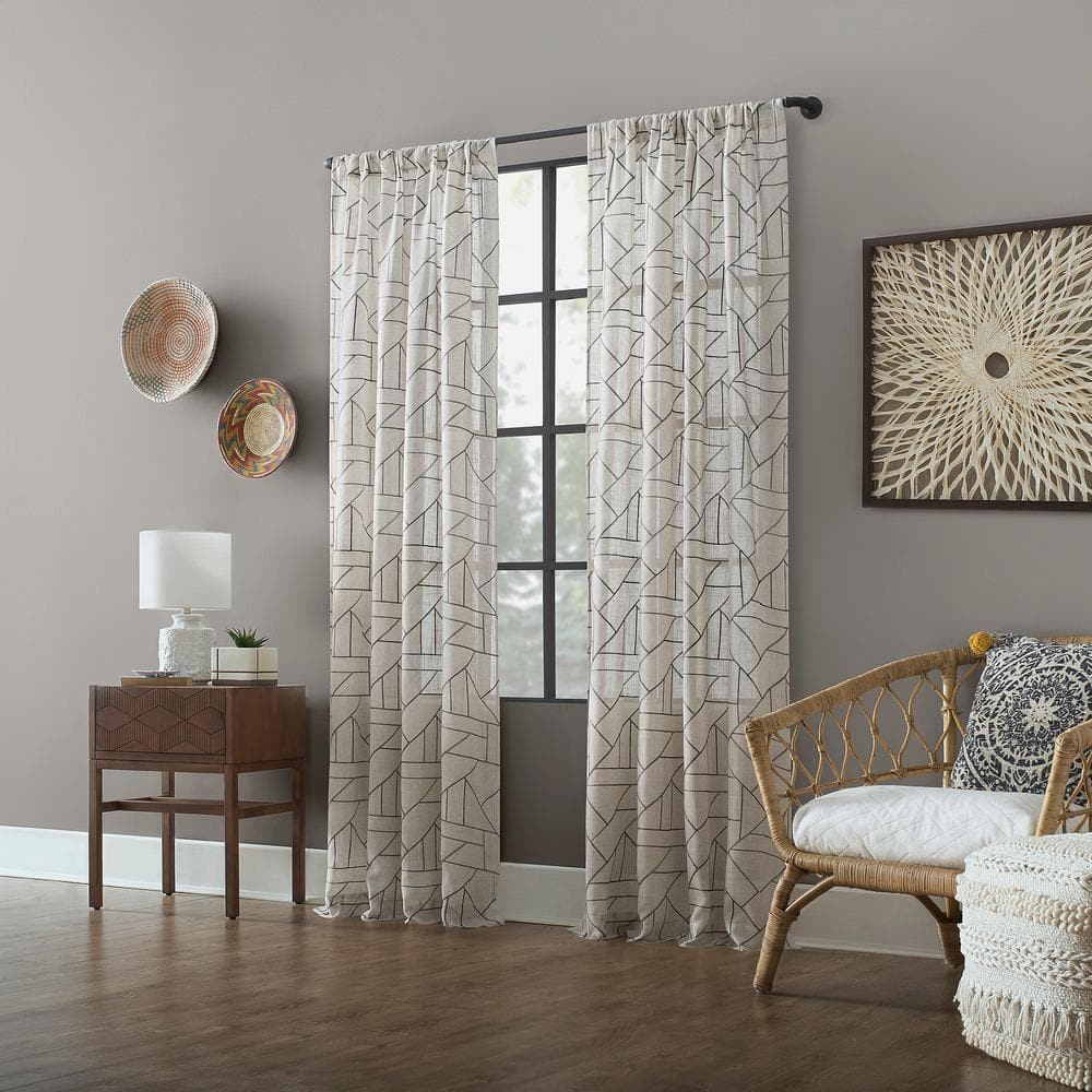 Gray and Linen Geometric Embroidered Sheer Curtain Panel, 50" x 108"