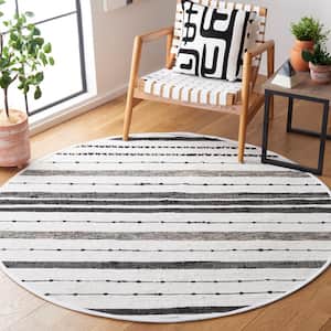 Striped Kilim Ivory Black 6 ft. x 6 ft. Abstract Striped Round Area Rug