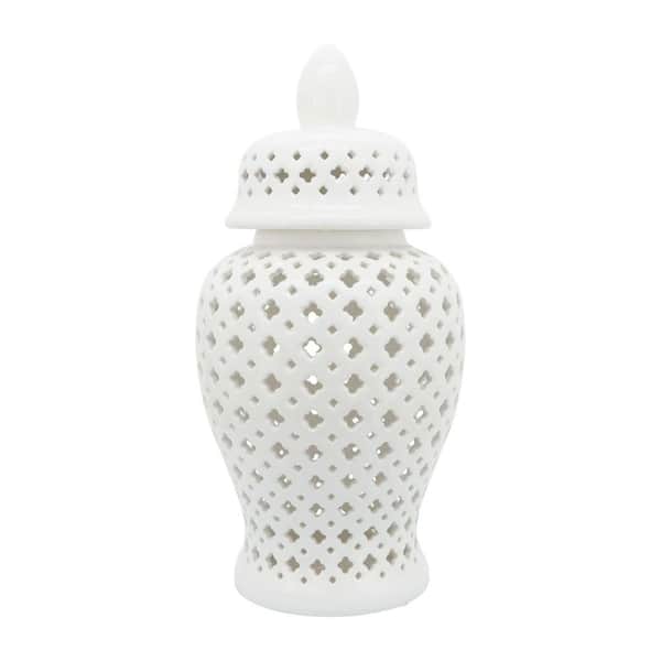 24 in. White Stoneware Cut-out Clover Temple Jar
