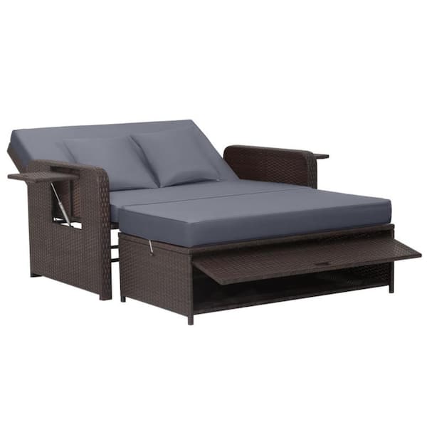 Kadehome Patio Rattan Wicker Outdoor 4-Level Adjustable Backrest Day Bed with Gray Cushions