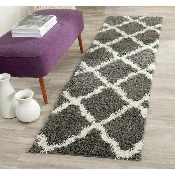 Dallas Shag 2 ft. x 22 ft. Dark Gray/Ivory Geometric Diamond Trellis Runner Rug