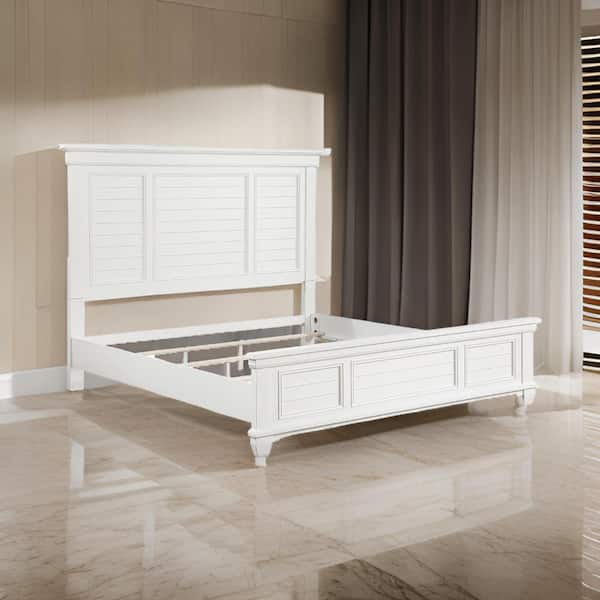 Benjara Lyni White Wood Frame Queen Size Platform Bed with Farmhouse Style