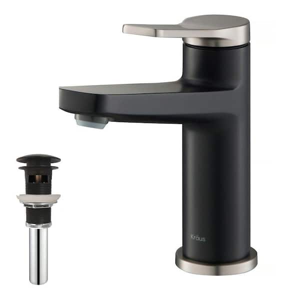 KRAUS Single Hole Single-Handle Basin Bathroom Faucet with Pop-Up Drain in Spot Free Stainless Steel/Matte Black