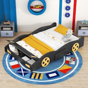 Full Size Car-Shaped Platform Bed with Wheels and Storage, Black+Yellow