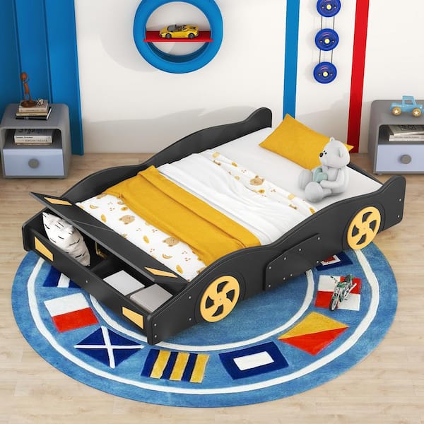 Polibi Full Size Car-Shaped Platform Bed with Wheels and Storage, Black ...