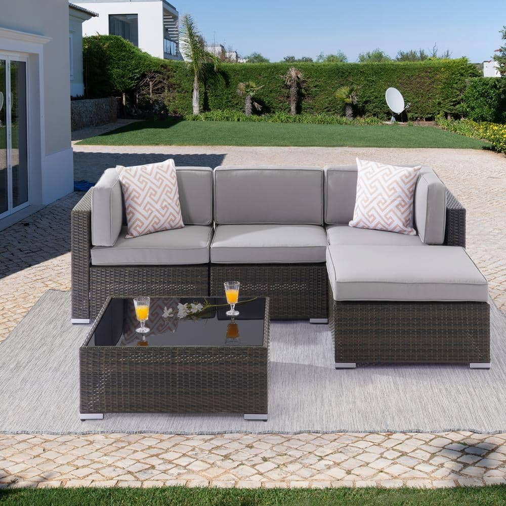 5-Piece Wicker Rattan Patio Conversation Sets All-Weather PE Sofa Set with Gray Cushion, Brown wicker -  JOYESERY, J-SOFA005GY