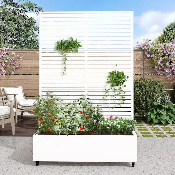 72 in. H x 47 in. W Rectanglar White Outdoor Metal Privacy Screen Planter Box Wall Decor in Louvered Pattern