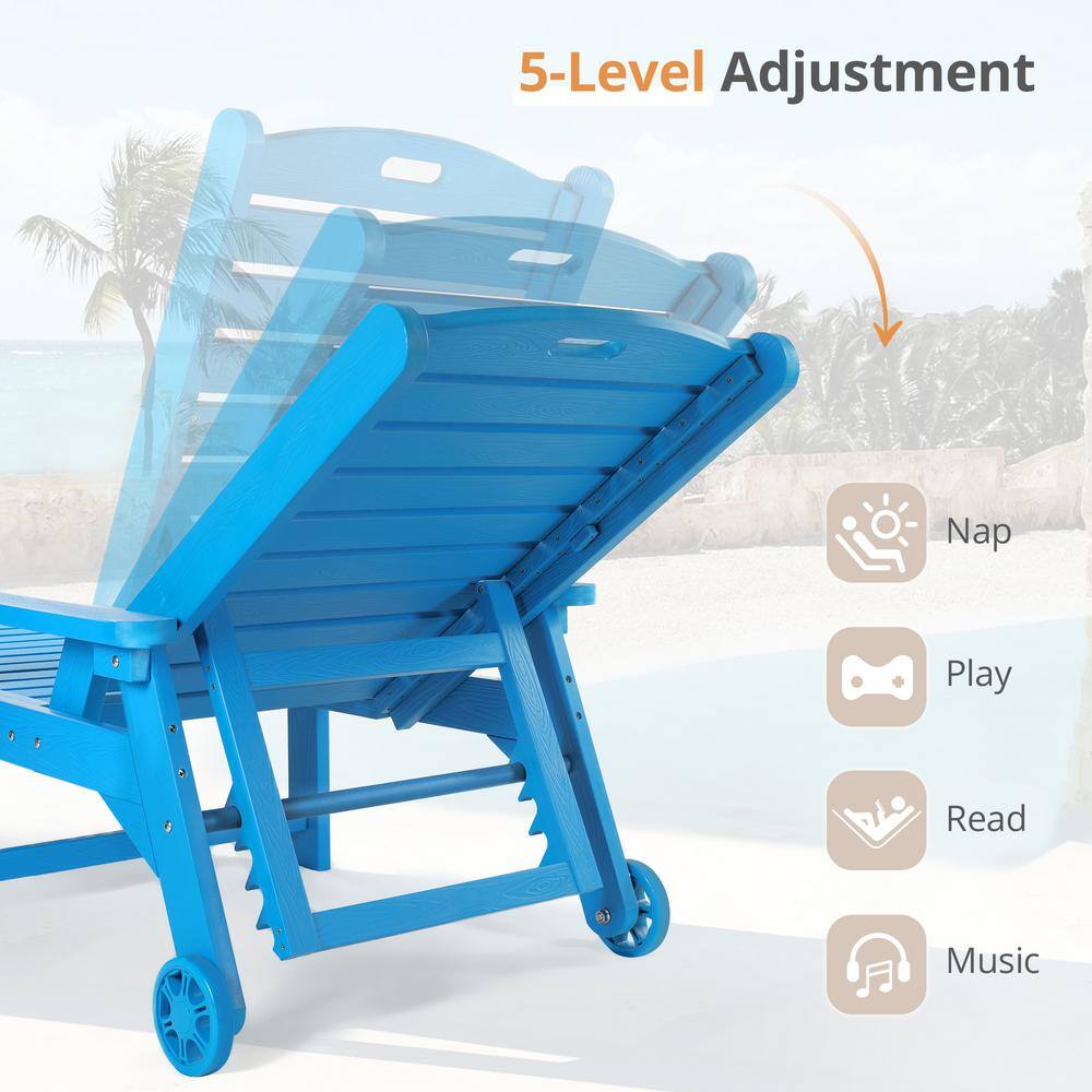 Blue Adjustable Plastic Outdoor Chaise Lounge with Arms