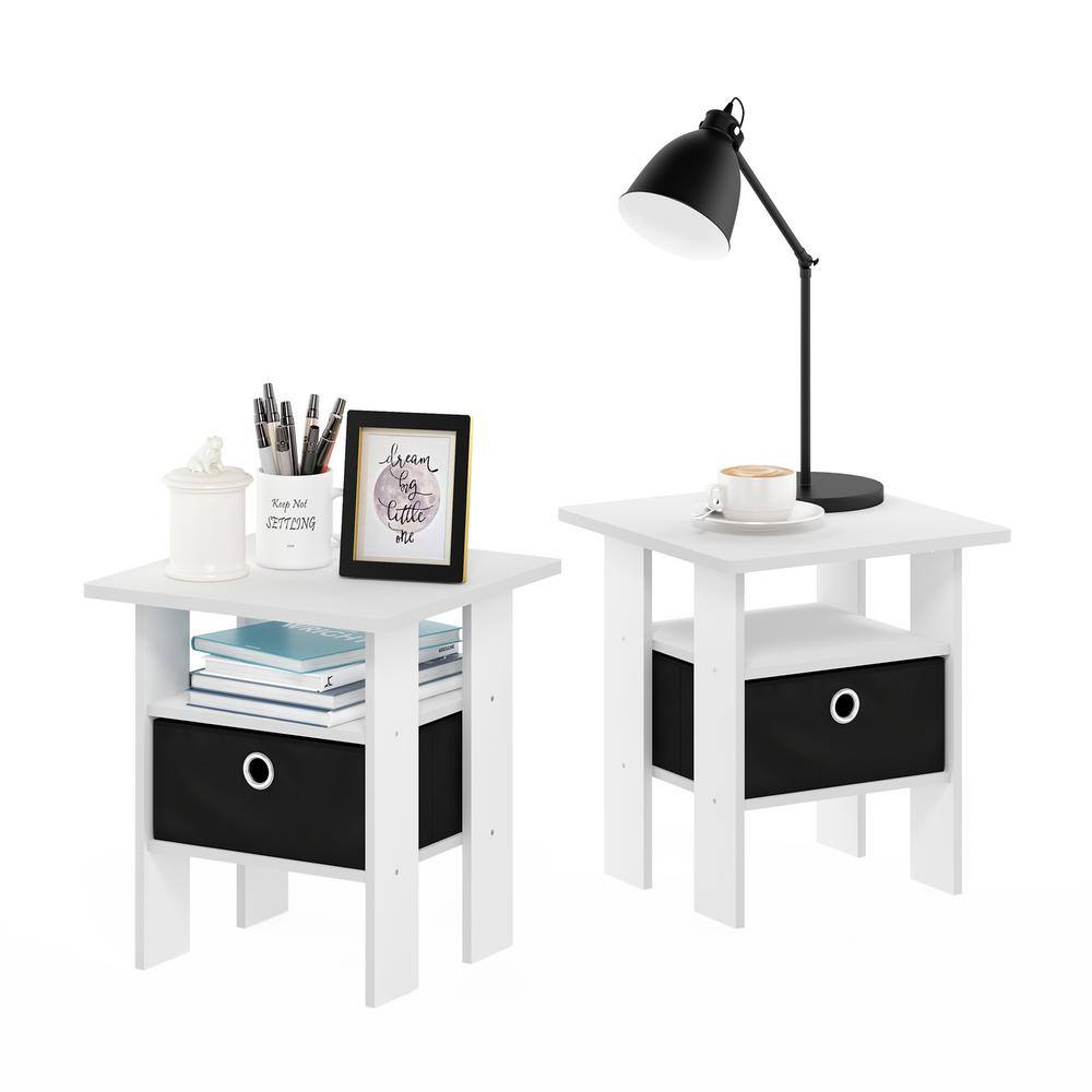 Compact White & Black End Table with Storage Bin and Shelf, Set of 2