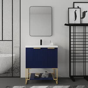 29.5 in. W x 18.12 in. D x 35.06 in. H Single Sink Freestanding Bath Vanity in Navy Blue with White Resin Top