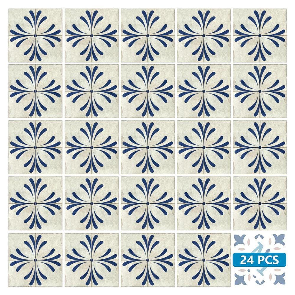 Dark Blue and Cream Vinyl Peel and Stick Tile Stickers, 12x12 Inch