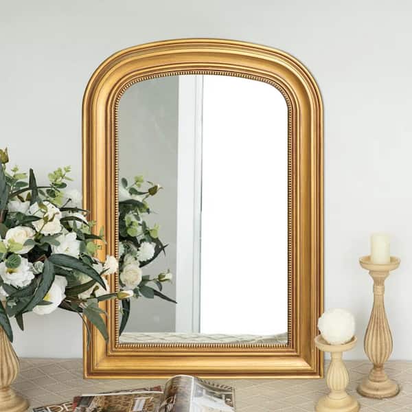 LuxHomez 23.6 in. W x 33.5 in. H Baroque Antique Brass Vintage Wooden Frame Arched Wall Mirror