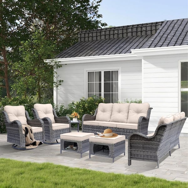 DWIOM Gray 7-Piece Wicker Patio Conversation Sofa Seating Set with Swivel Chairs and Beige Cushions