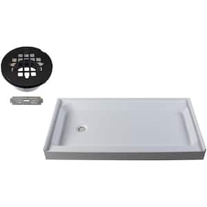 60 in. x 34 in. Single Threshold Alcove Shower Pan Base with Left Hand Plastic Drain in Matte Black