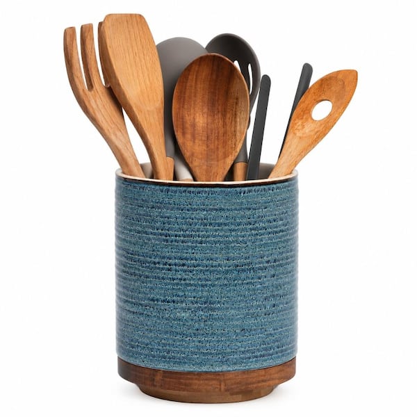 Blue Ring Ceramic 360 Degree Rotating Extra Large Kitchen Utensil Holder with Weighted Base