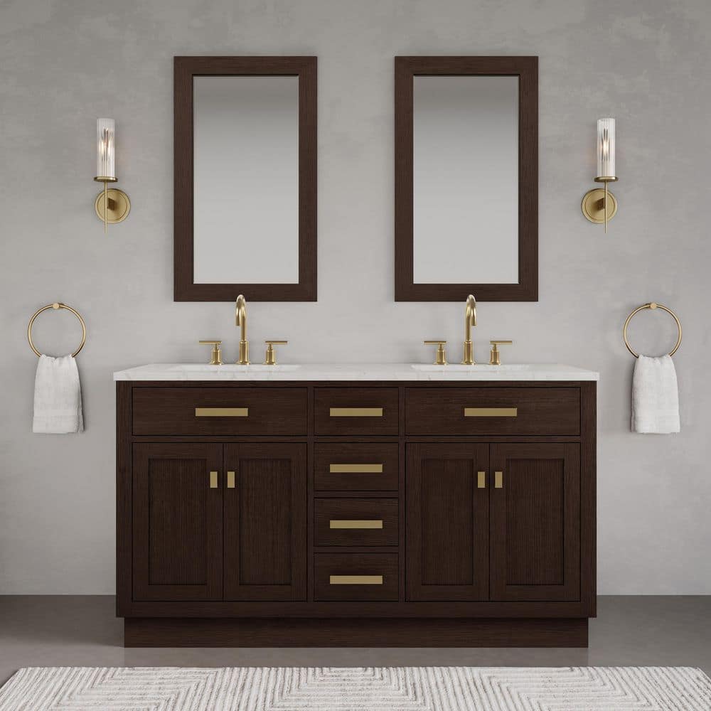 Chestnut 60 in.W x 21.5 in.D x 34.2 in.H Double Sink Bath Vanity in Brown Oak with Carrara White Marble Top and Mirrors price history on PriceWatchPro