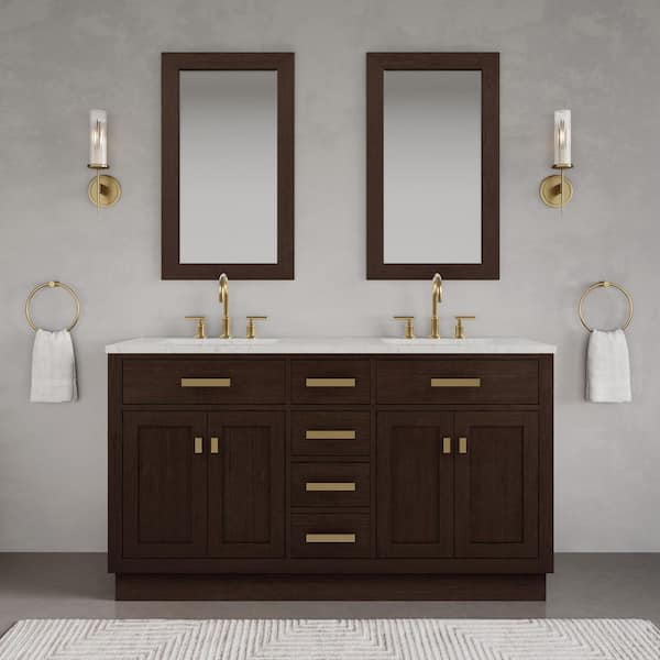 Chestnut 60 in.W x 21.5 in.D x 34.2 in.H Double Sink Bath Vanity in Brown Oak with Carrara White Marble Top and Mirrors