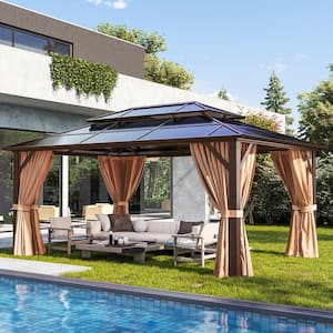 16 ft. x 12 ft. Outdoor Brown Polycarbonate Double Roof Gazebo with Curtains and Netting for Garden, Lawns, Patio
