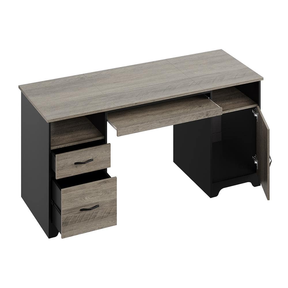 Gray Executive Desk with Storage Cabinet and Keyboard Tray