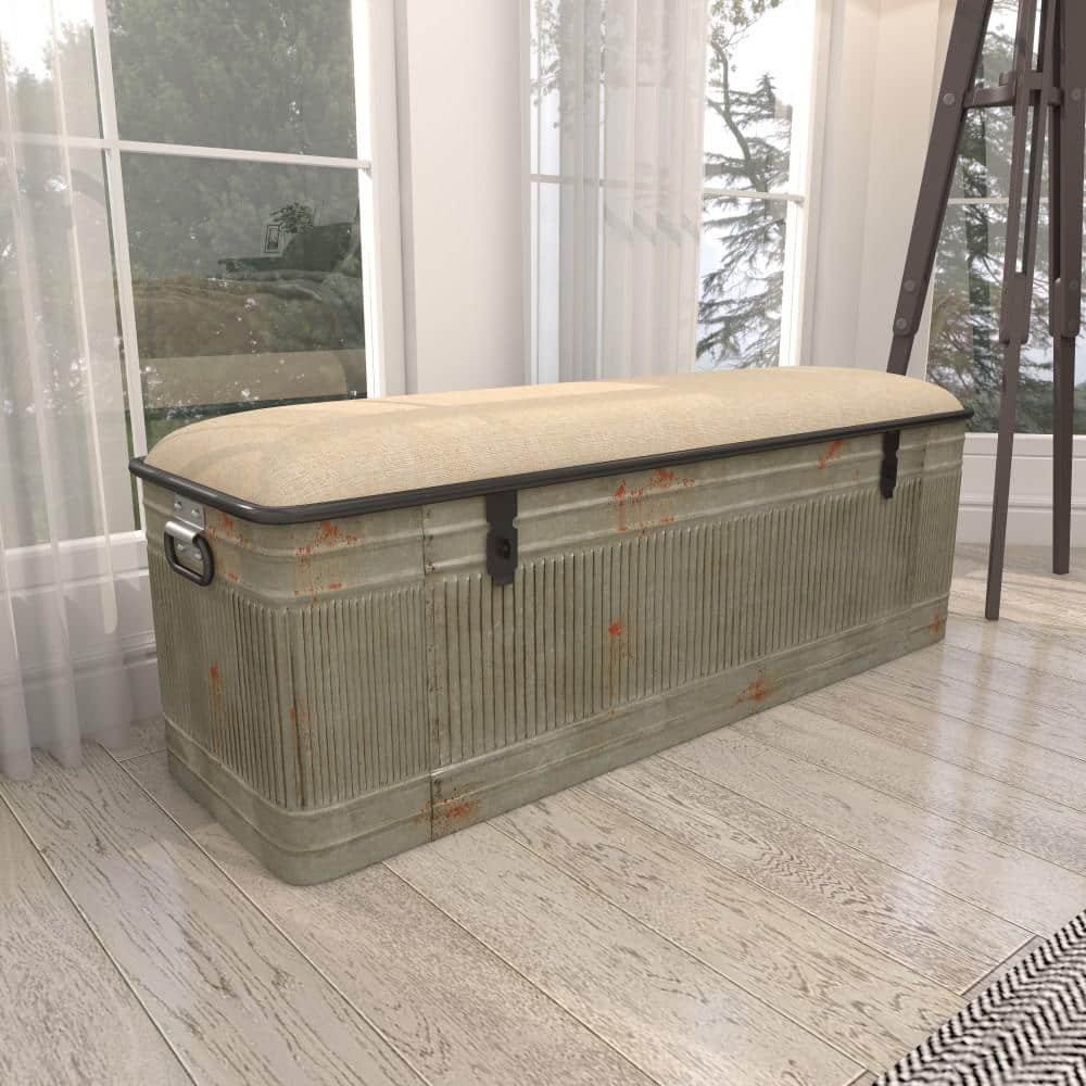 Gray Galvanized Metal Storage Bench with Beige Upholstered Seat