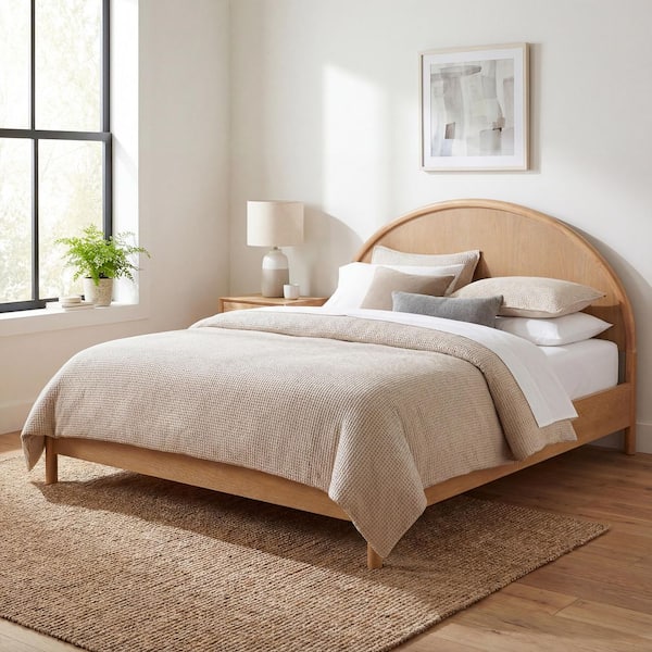 Odessa Modern Natural Finish Brown Wooden Frame King Size Platform Bed with Arched Headboard, Rounded Corners