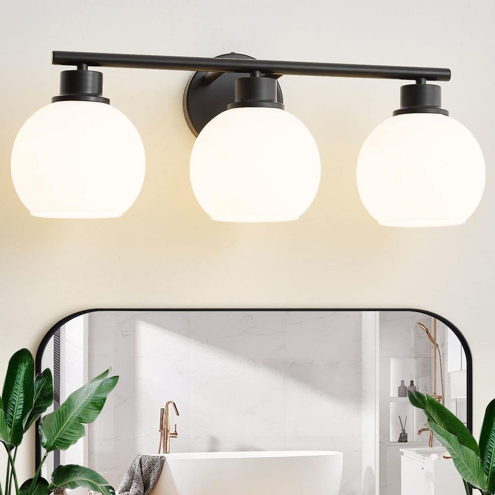 Modern 21.65 in. 3-Light Black Bathroom Vanity Light Interior Powder Room LED Lighting with Opal Glass Globe Shades price history on PriceWatchPro