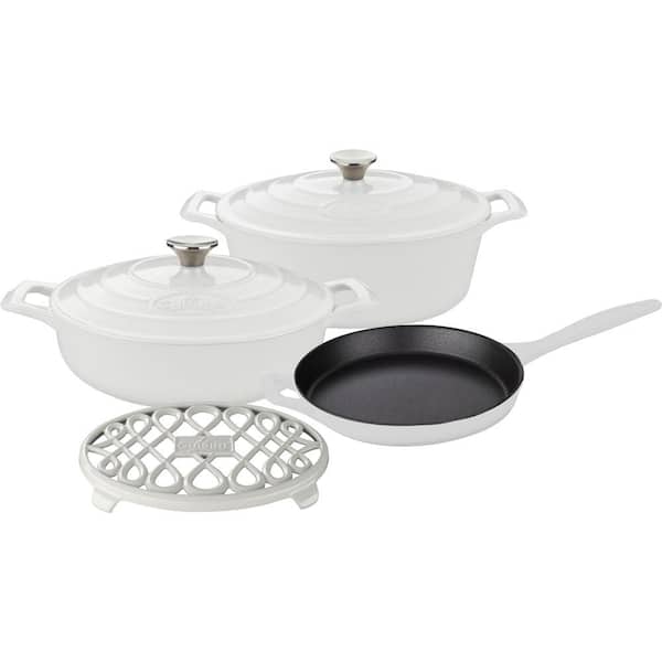 La Cuisine 6-Piece Enameled Cast Iron Cookware Set with Saute, Skillet and Oval Casserole with Trivet in White