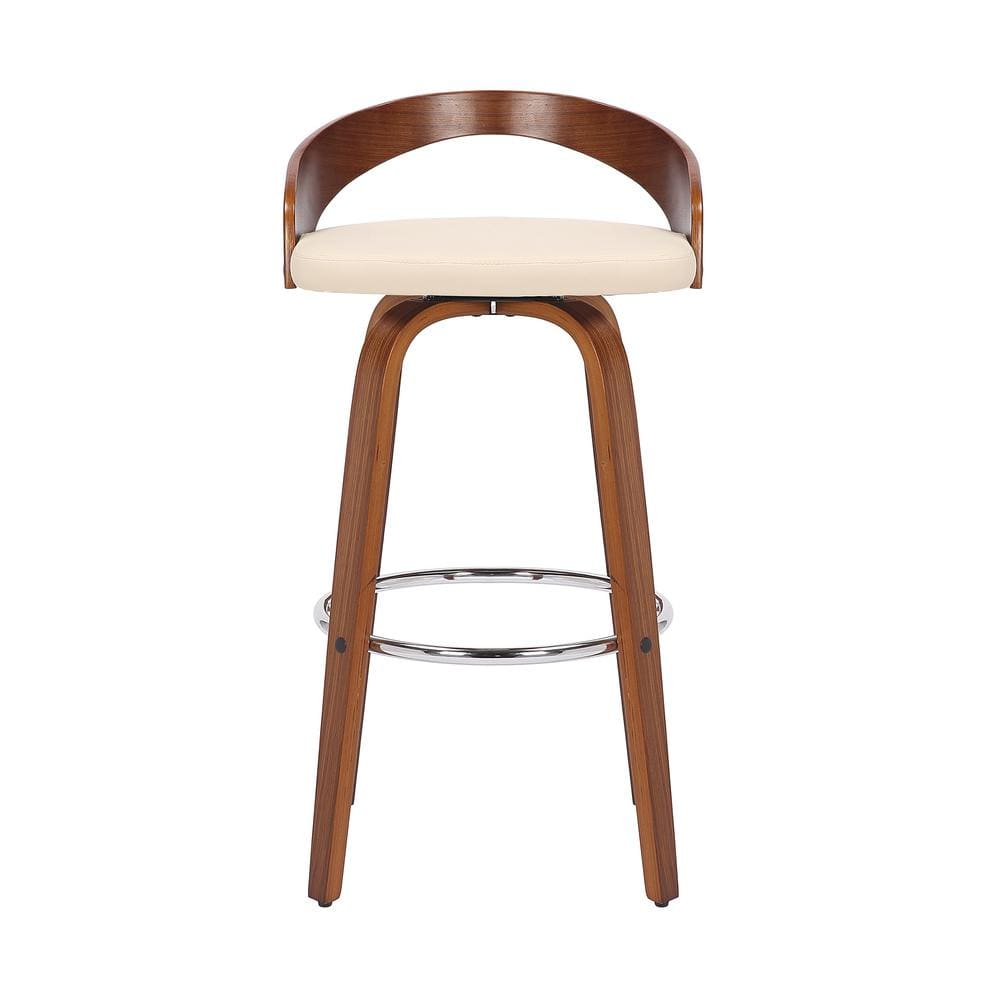 Cream Faux Leather and Walnut Wood Swivel Counter Stool