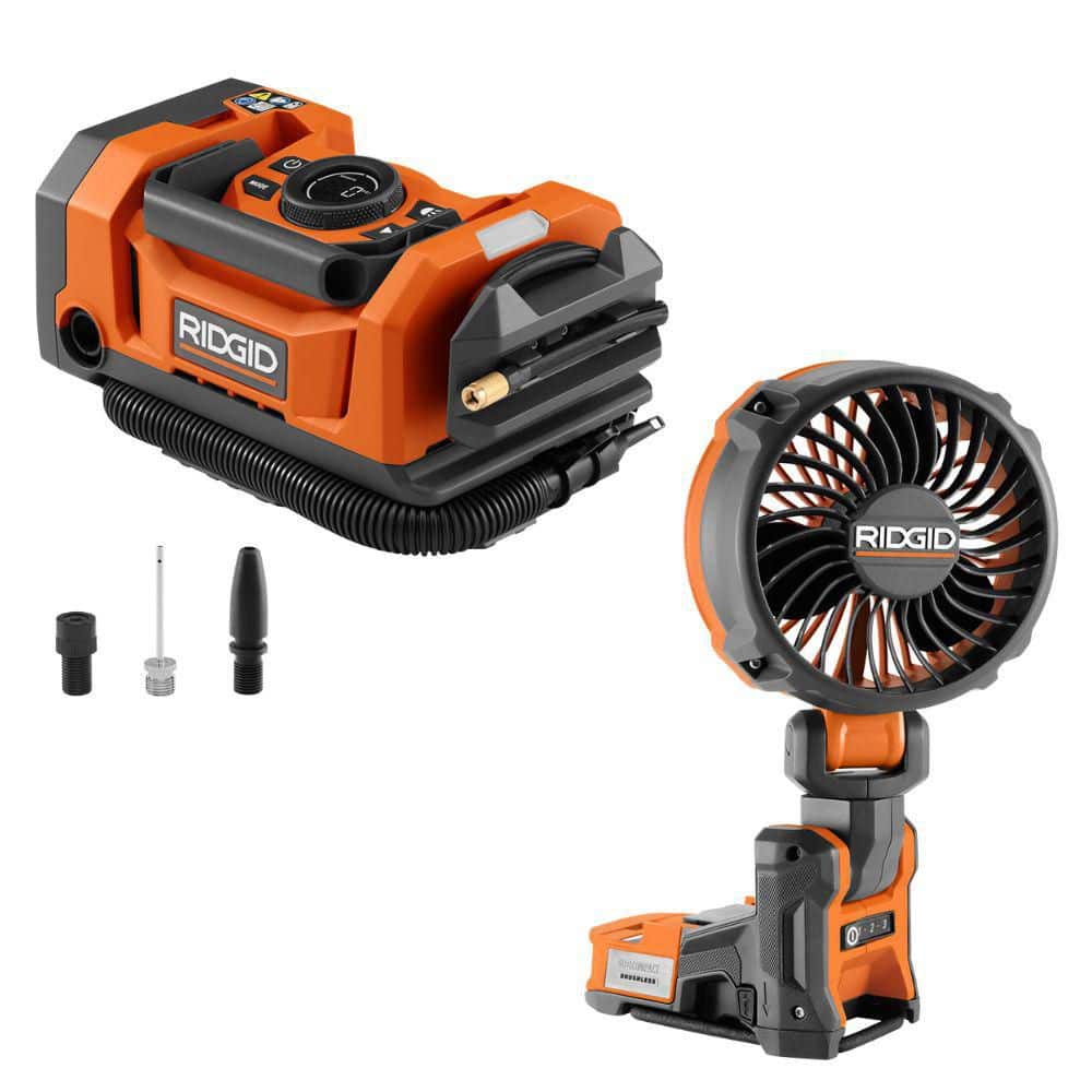 RIDGID 18V Dual Function Inflator with Valve Adaptor, Needle, (2) Nozzles, 12V Power Cord and 18V Brushless Magnetic Clamp Fan (R86051BR860723B)