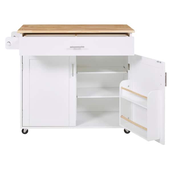 JimsMaison White Rubber Wood MDF Kitchen Cart with Drop-Leaf Countertop and Cabinet Door Internal Storage Racks