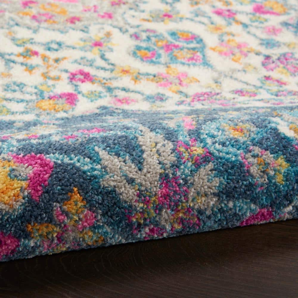 Blue and Pink Floral Synthetic 8' x 10' Reversible Rug