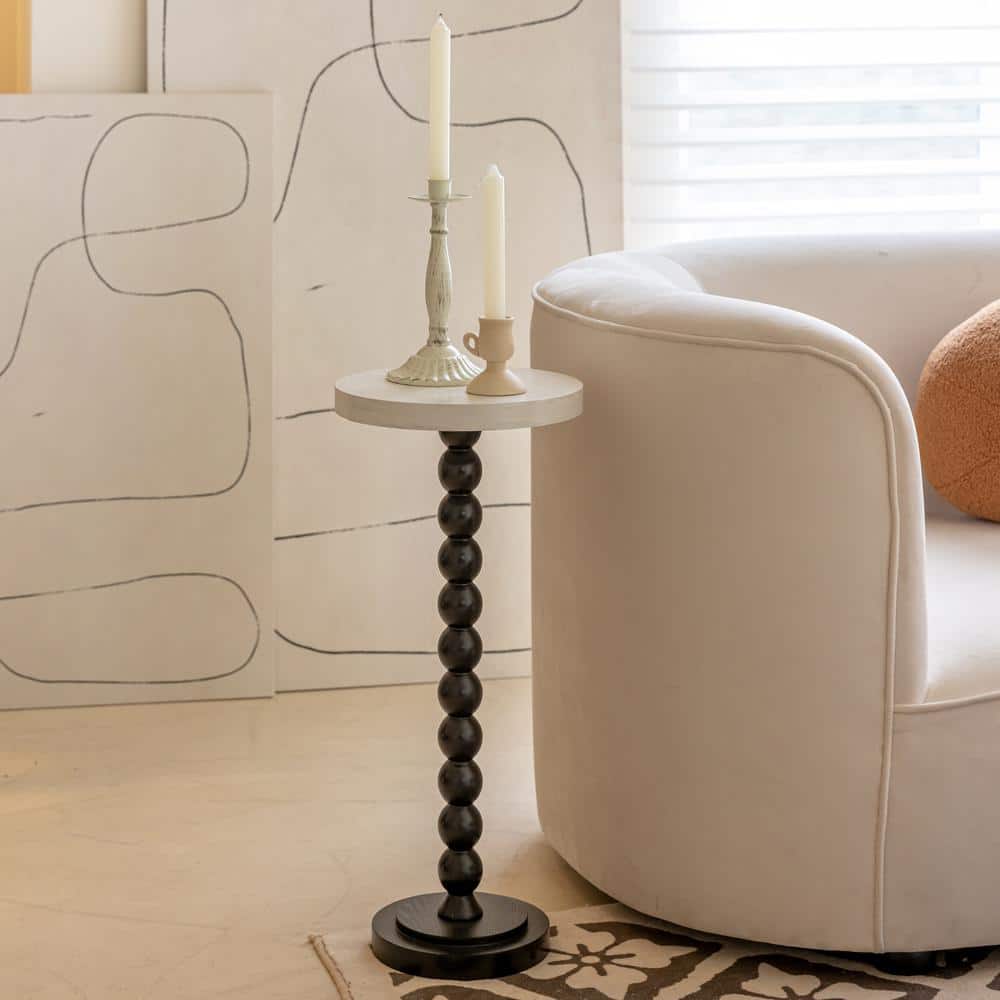 Small Round White and Black Wood Pedestal End Table