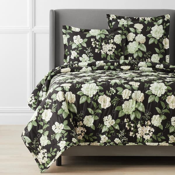 The Company Store Legends Hotel Black Multi Blooming Flowers Full Wrinkle-Free Sateen Coverlet