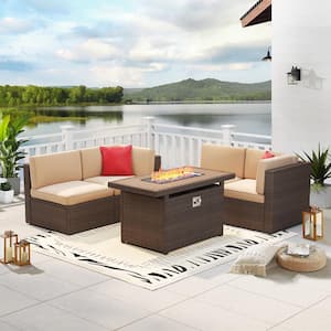 5-Piece Fire Pit Patio Sets Wicker Patio Conversation Set With Fire Pit Table Beige Cushions